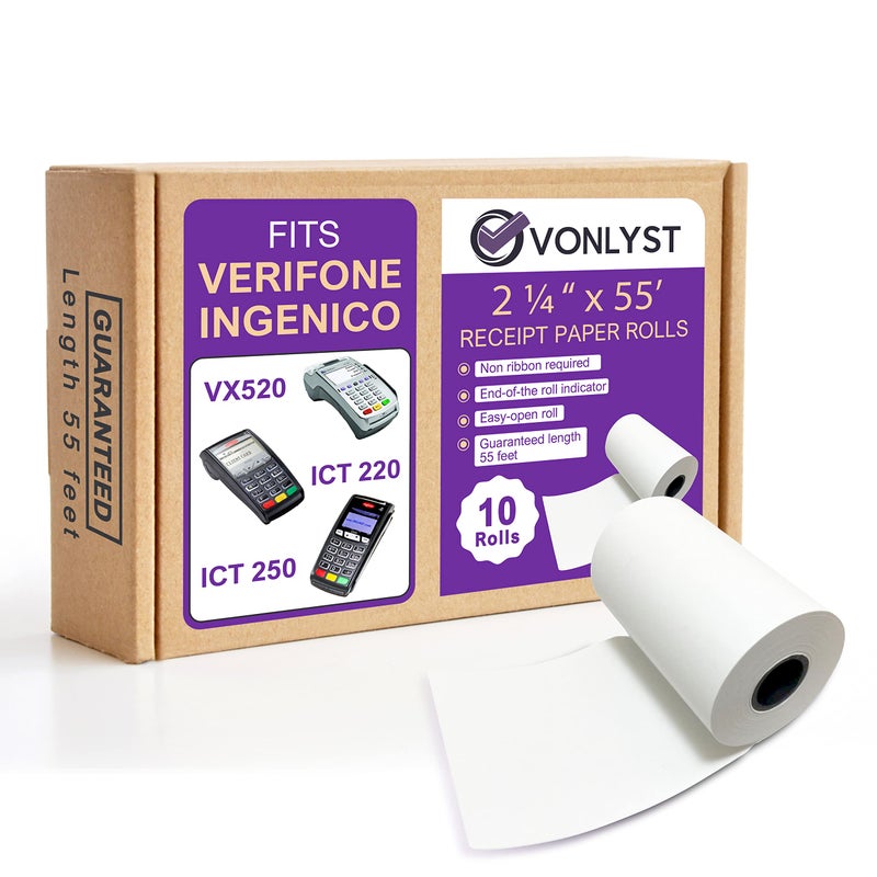 Vonlyst Thermal Paper Roll 2 1/4 X 55 for Verifone Vx520 Ingenico ICT220 ICT250 FD400 (10 rolls) - Image 1